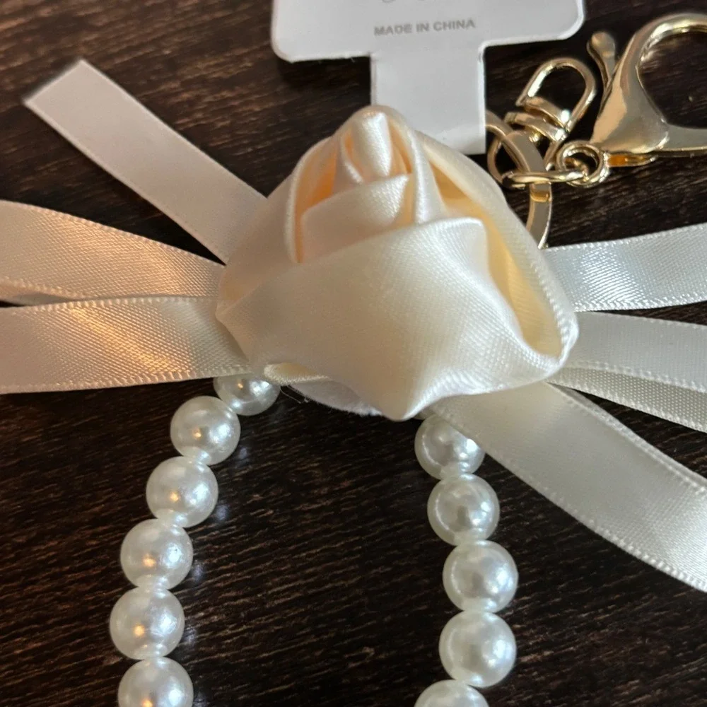 Crystal Collection Ivory Satin Rose Faux Pearl Bow Keychain Gold Tone Clasp